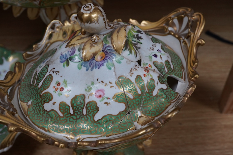 A circa 1835 part dessert set of floral and gilt decorated Rockingham style china, pattern number 6626, centrepiece 34cm wide. Condition - small comport cover cracked badly, some wear to gilding and pattern on plates